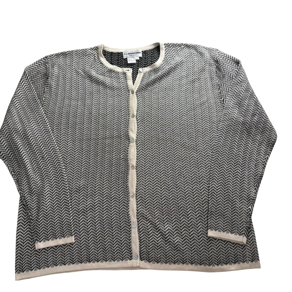 D.J. International Silk Knit Cardigan Sweater XL Black White Chevron Zig Zag